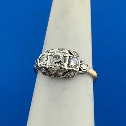 Vintage 14K Yellow White Gold Miner's Cut Diamond Trio w/Accents Cocktail Ring