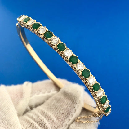 Stunning 14K Yellow Gold Diamond Emerald May Hinged Bangle Bracelet