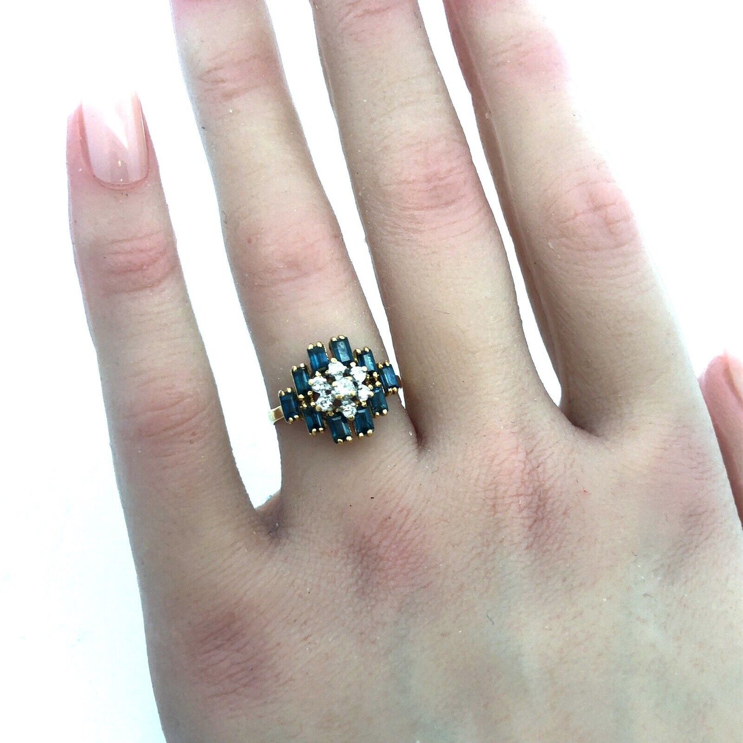 Vintage Estate 18k Yellow Gold Diamond Cluster Sapphire Accent Ring Size 6.25