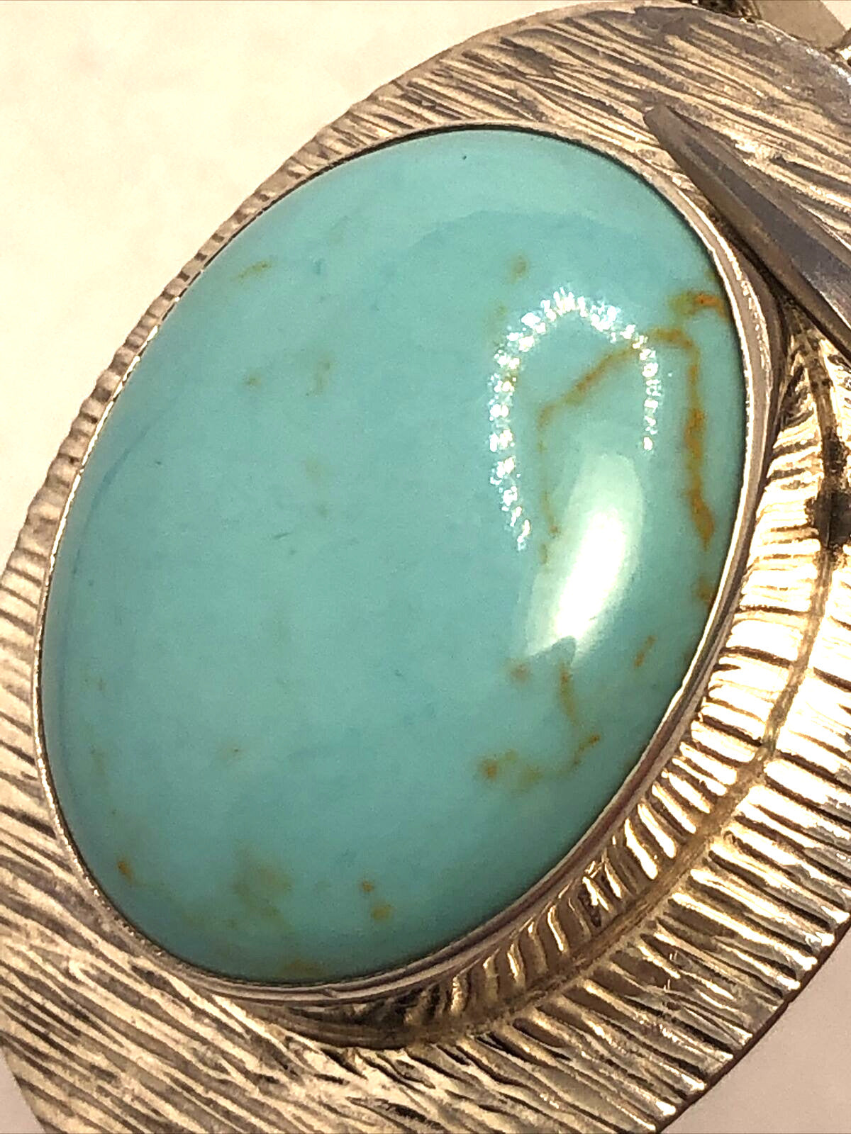 Taxco Mexico 925 Sterling Silver Oval Turquoise Textured Statement Pendant