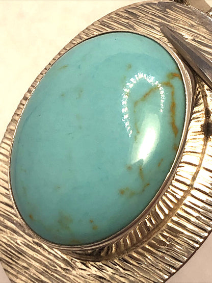 Taxco Mexico 925 Sterling Silver Oval Turquoise Textured Statement Pendant