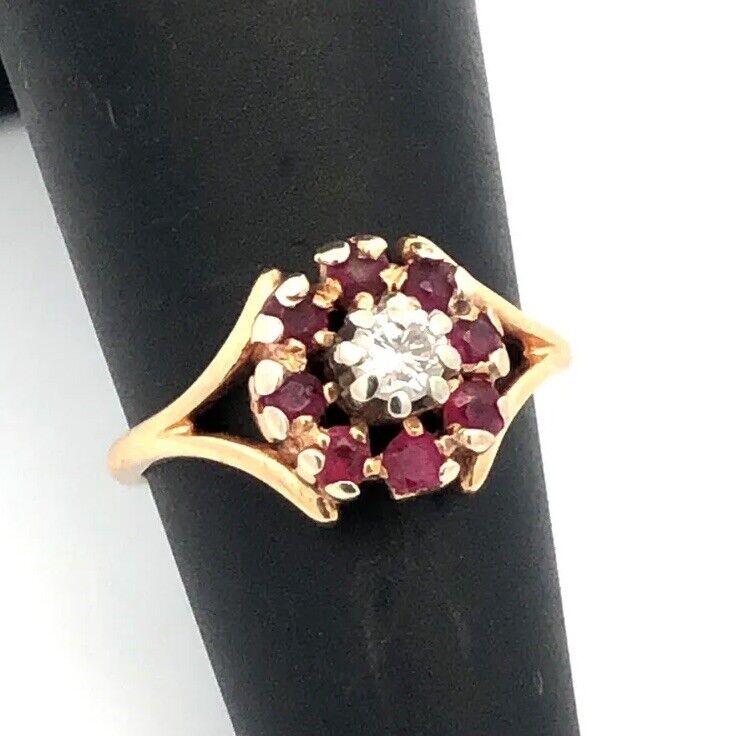 Designer 14K Yellow Gold Diamond Ruby Floral Flower Cocktail Ring