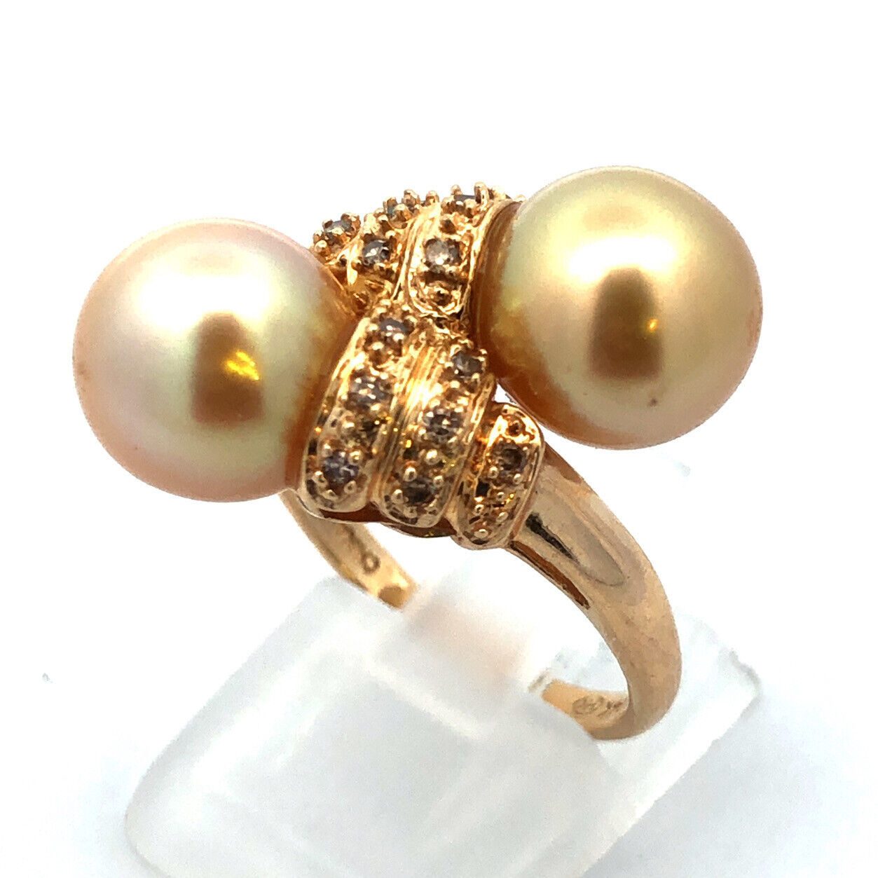 Designer 14K Yellow Gold Champagne Pearl Diamond Accented Bypass Cocktail Ring