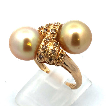 Designer 14K Yellow Gold Champagne Pearl Diamond Accented Bypass Cocktail Ring