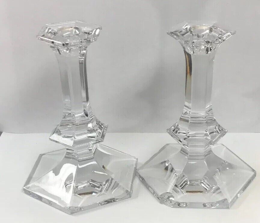 Val St Lambert Elysee Pattern Belgium Crystal Cut Glass Pair of Candlesticks