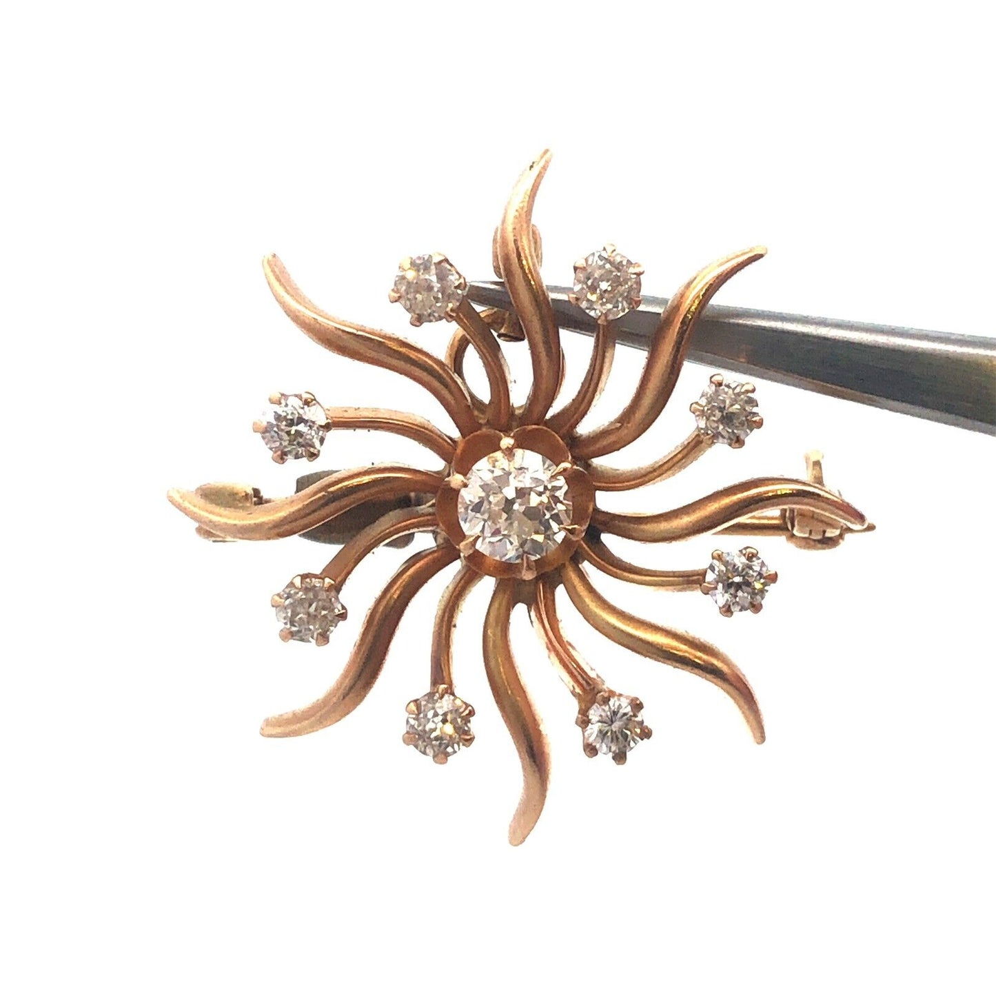 Designer Art Deco 14K Yellow Gold Diamond Pin Brooch Pendant