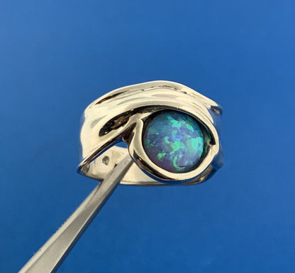 Modernist Designer 925 Sterling Silver Opal Cabochon Cigar Band Ring