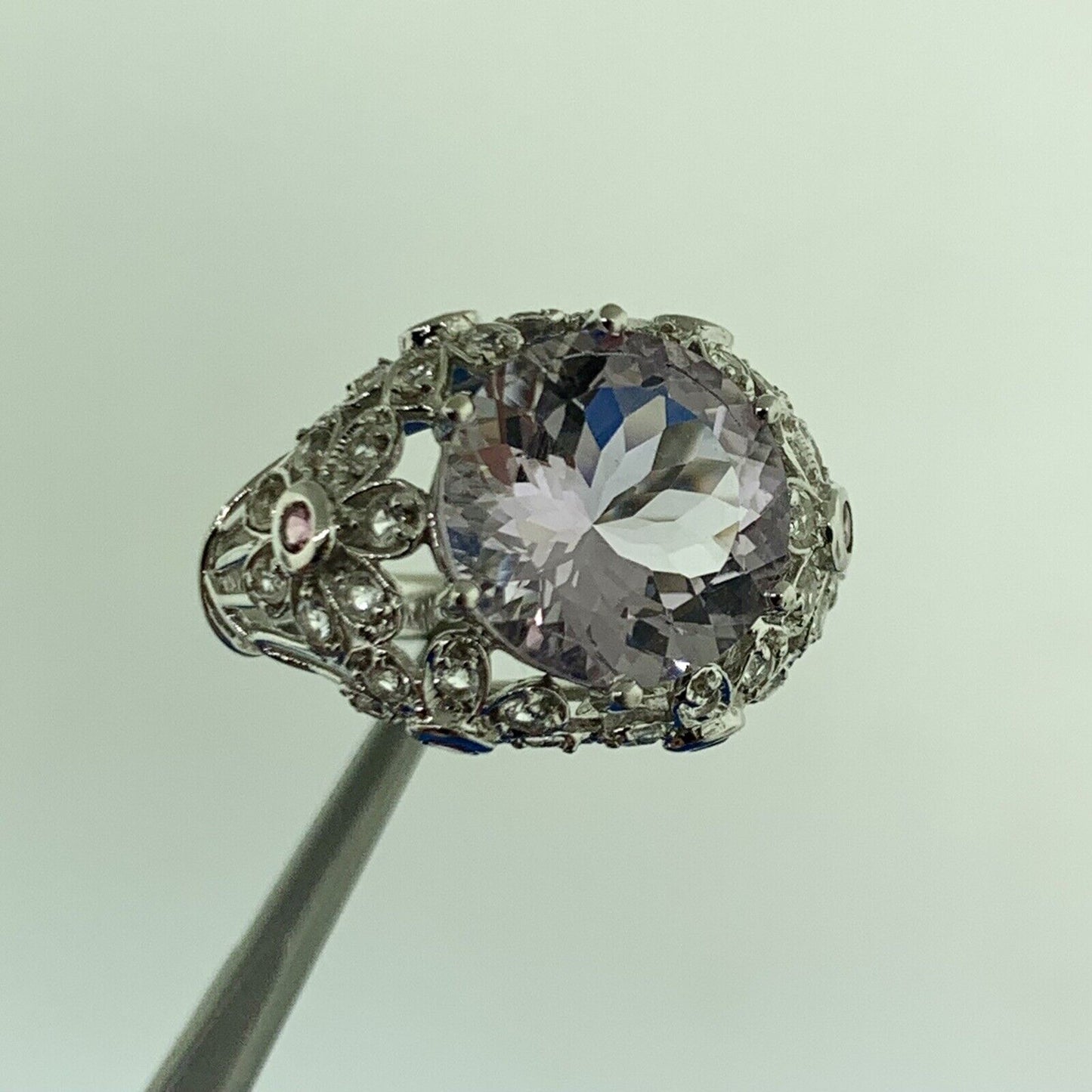 Designer 14K White Gold Purple Amethyst White Topaz Accents Statement Ring
