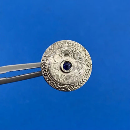 Art Deco 14K White Yellow Gold Blue Sapphire Patterned Circle Stud Earrings