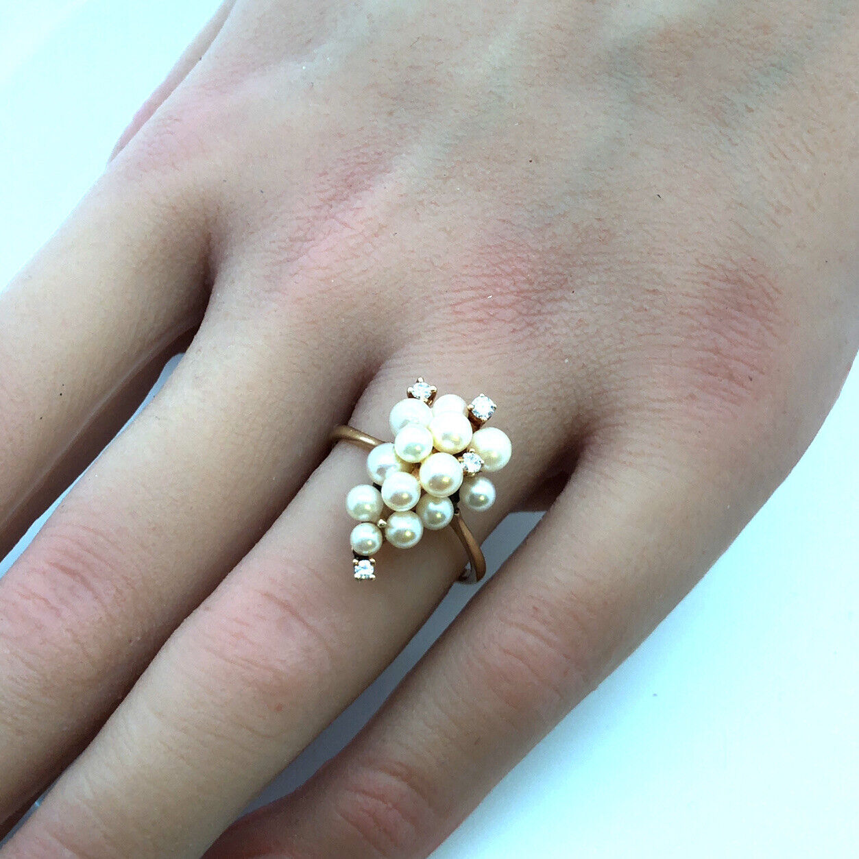 Vintage 14K Yellow Gold Pearl Diamond Cluster Ring