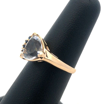 14K Yellow Gold Designer Trillion Cut White Topaz Blue Sapphire Accent Ring
