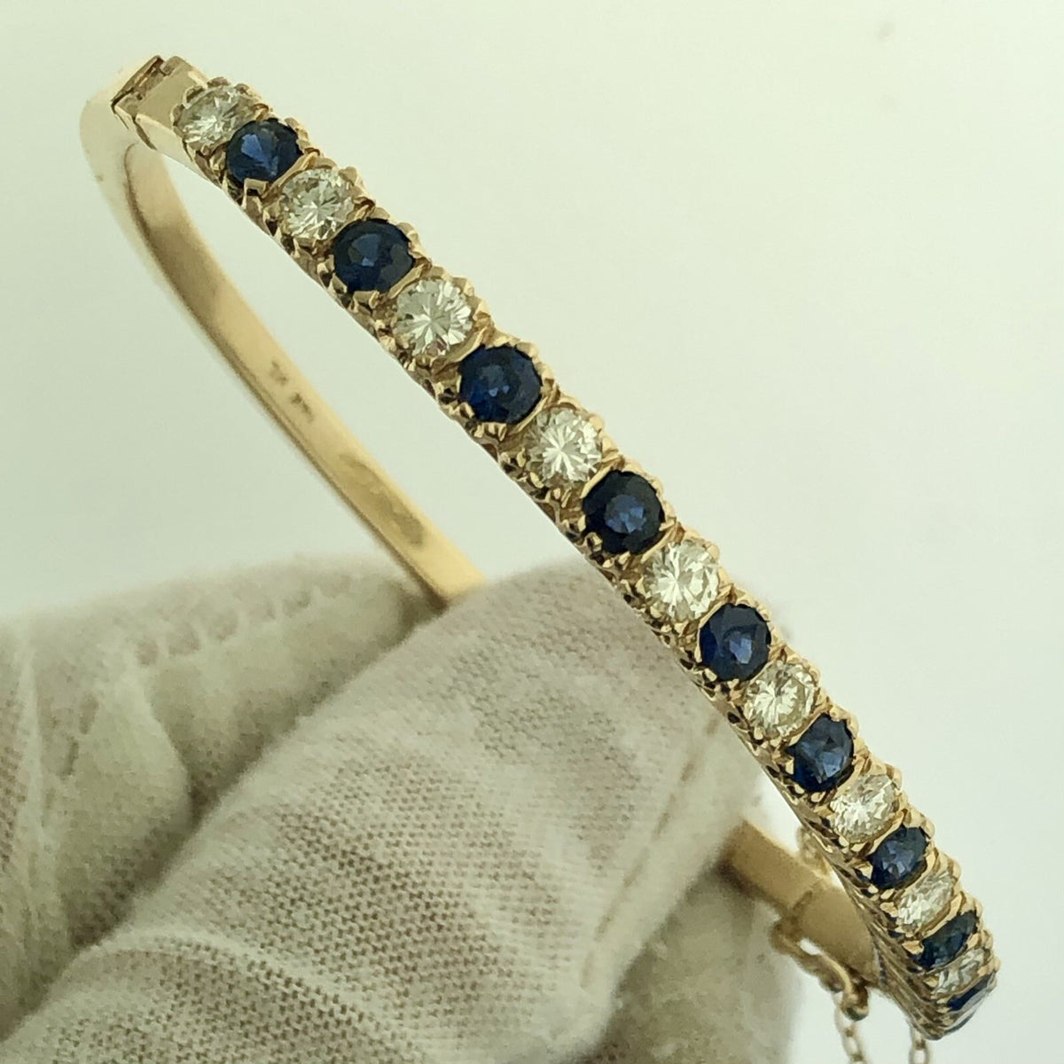 Stunning 14K Yellow Gold Diamond Sapphire September Hinged Bangle Bracelet