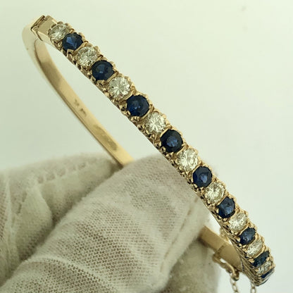 Stunning 14K Yellow Gold Diamond Sapphire September Hinged Bangle Bracelet