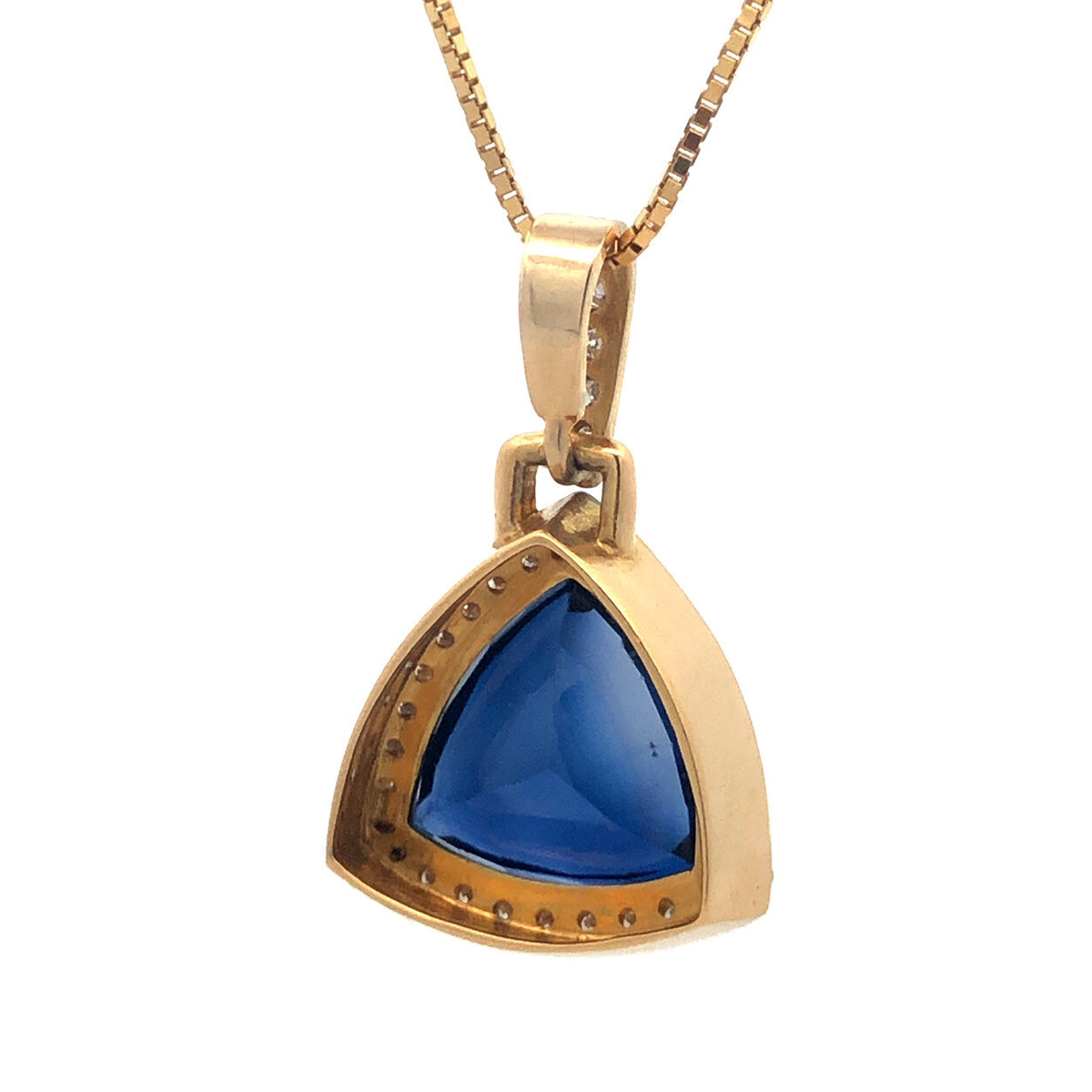 Custom 18K Yellow Gold Large Trillion Cut Lab Created Sapphire Diamond Pendant