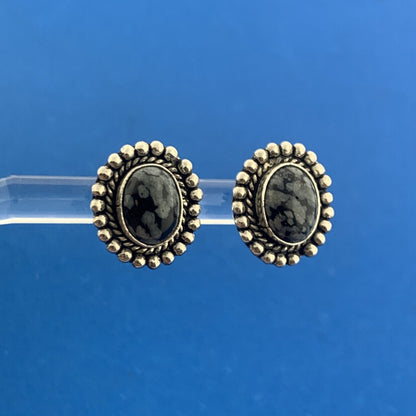 925 Sterling Silver Black White Snowflake Obsidian Oval Stud Earrings