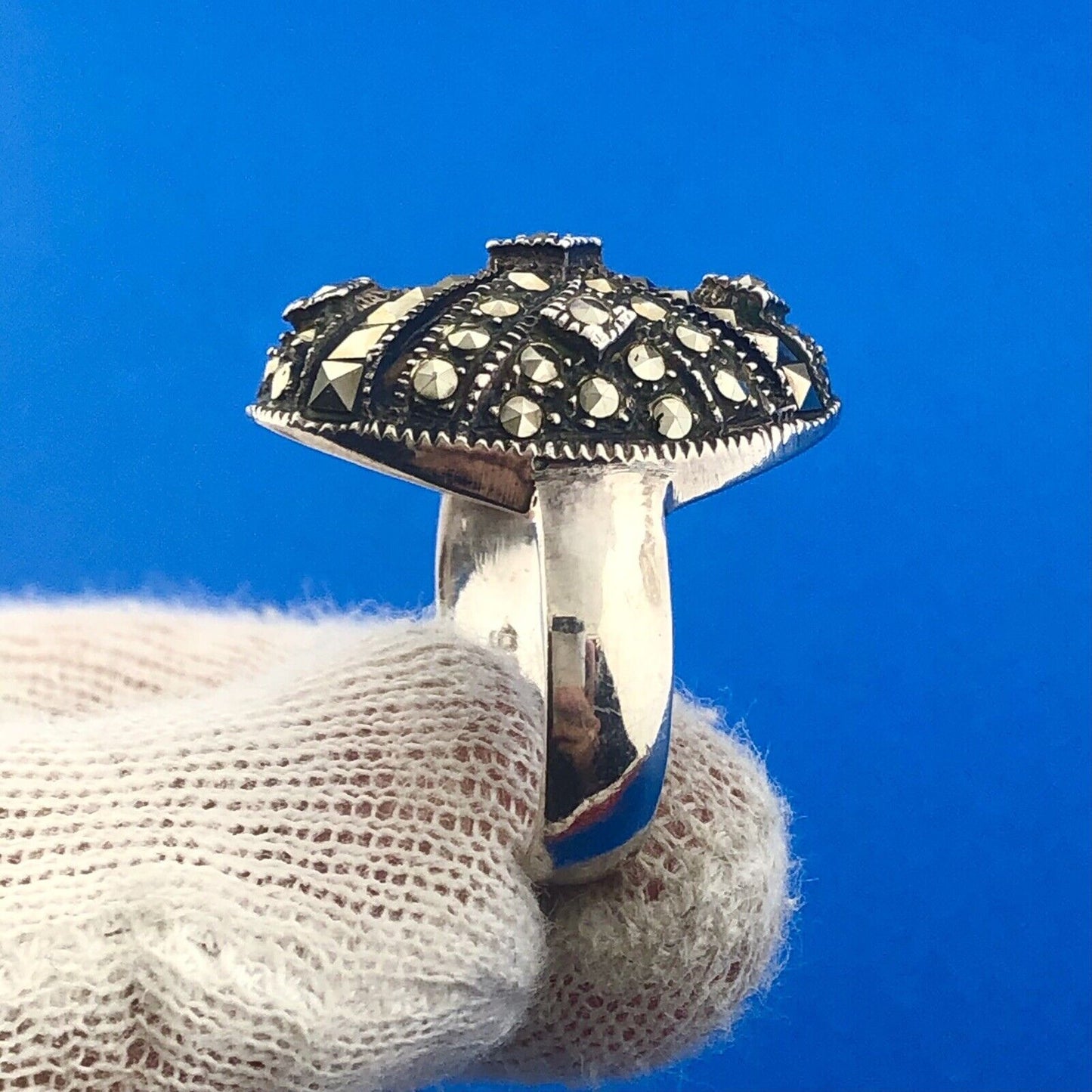 Stunning Sterling Silver 925 Marcasite Layered Cluster Oval Ring Size 7