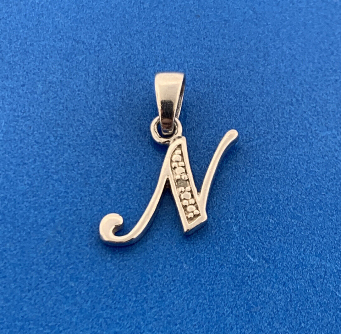 Designer 925 Sterling Silver Diamond N Initial Script Monogram Pendant Charm