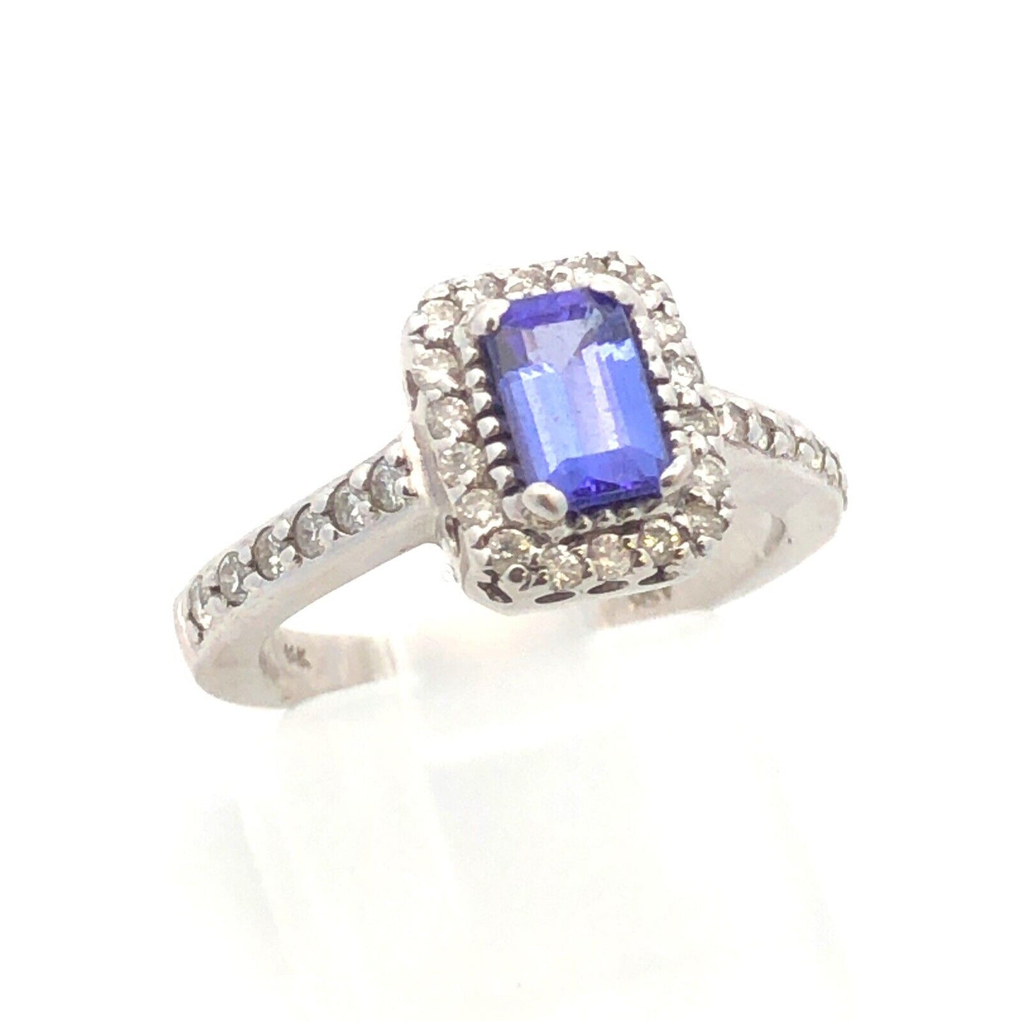 Designer 14K White Gold Emerald Cut Tanzanite Diamond Halo Engagement Ring