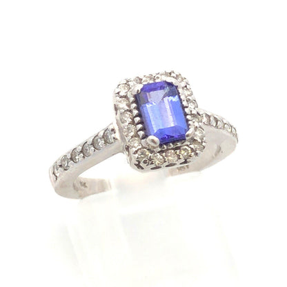 Designer 14K White Gold Emerald Cut Tanzanite Diamond Halo Engagement Ring