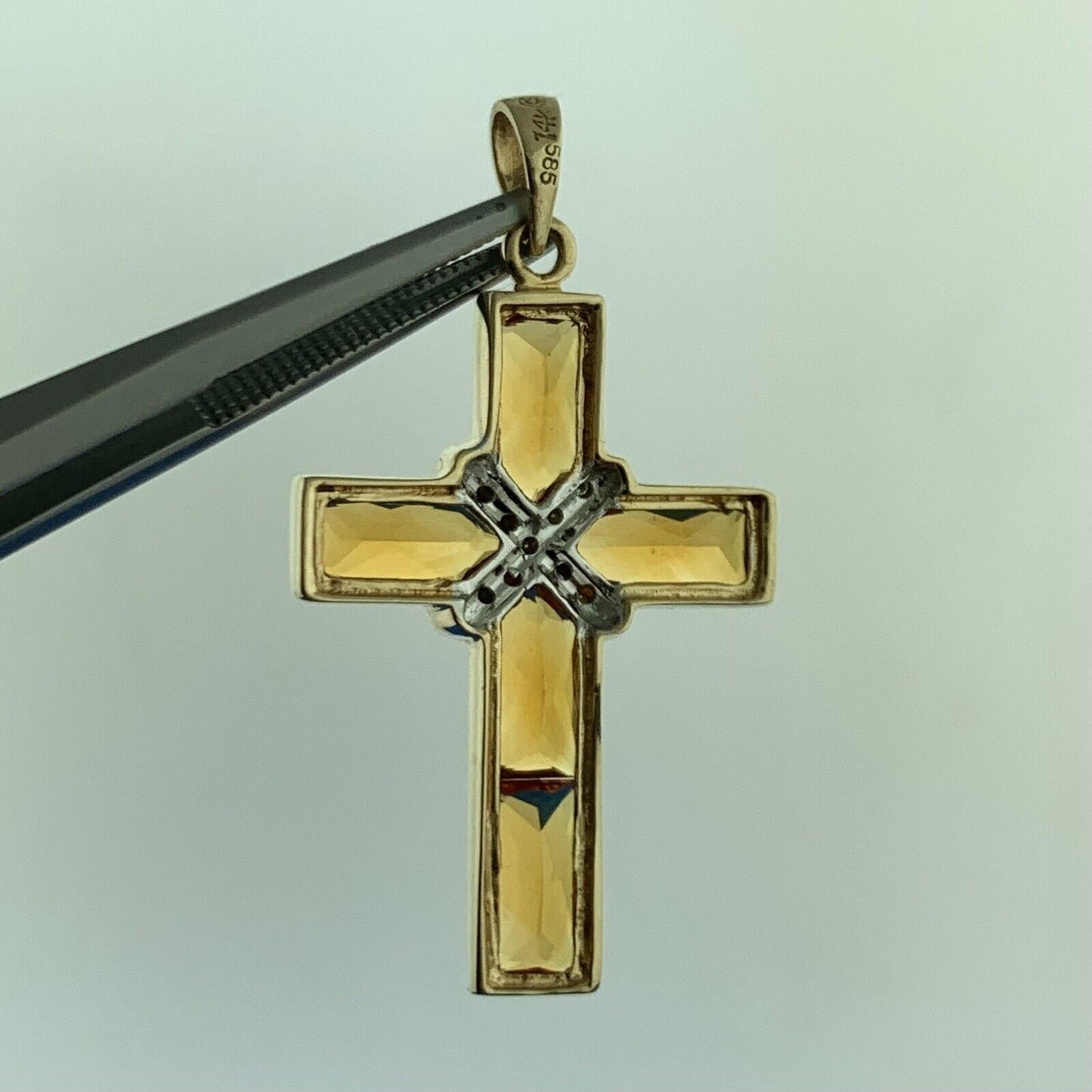Designer 14K Yellow White Gold Citrine Diamond Accented Statement Cross Pendant