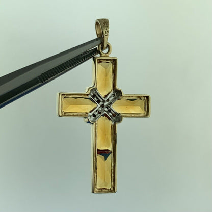 Designer 14K Yellow White Gold Citrine Diamond Accented Statement Cross Pendant