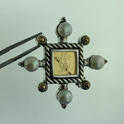 Designer Italy 18K Gold Sterling Silver Carved Cherub Pearl Brooch Pendant