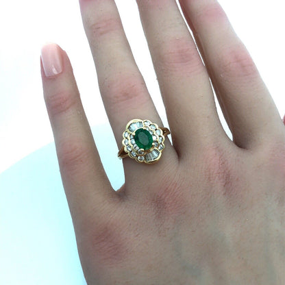 Estate 14K Yellow Gold Oval Emerald Diamond Double Halo Statement Cocktail Ring