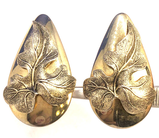 Estate Whiting & Davis Gold Tone Polished 3D Leaf Statement Clip On Earrings