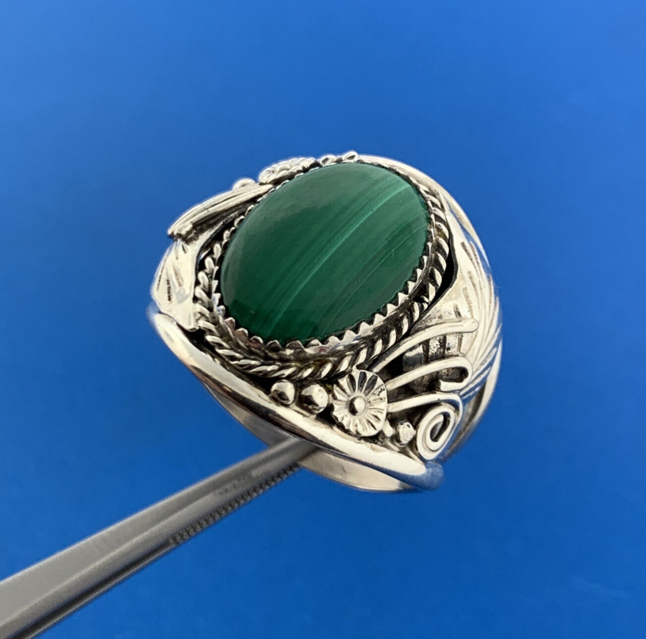 Navajo Lorraine Spencer 925 Sterling Silver Malachite Unisex Squash Blossom Ring