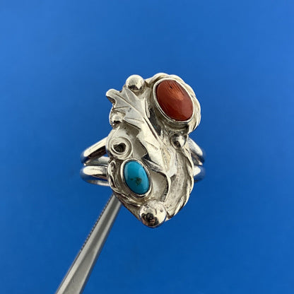 Stunning Sterling Silver 925 Turquoise Coral Floral Short Finger Ring Size 7.75