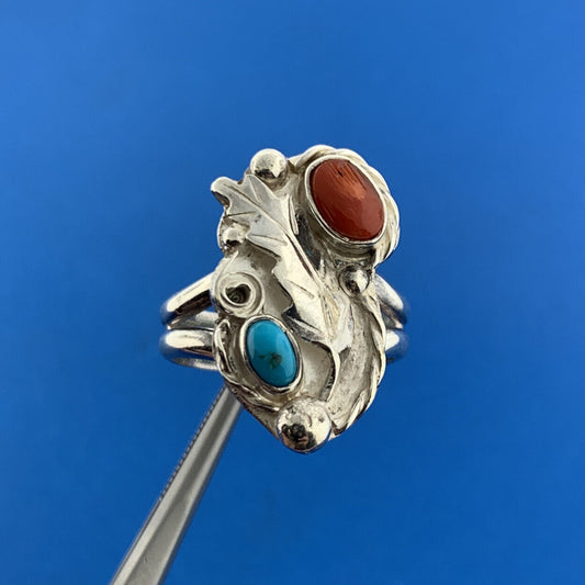 Stunning Sterling Silver 925 Turquoise Coral Floral Short Finger Ring Size 7.75