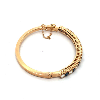 Stunning 14K Yellow Gold Diamond Sapphire September Hinged Bangle Bracelet