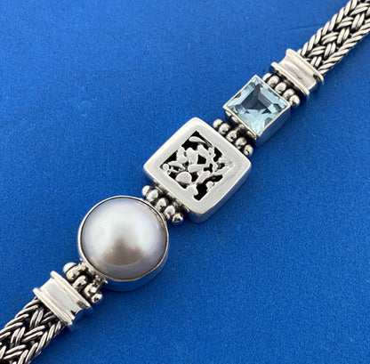 Retro Sterling Silver Mabe Pearl Blue Topaz Balinese Style Statement Bracelet