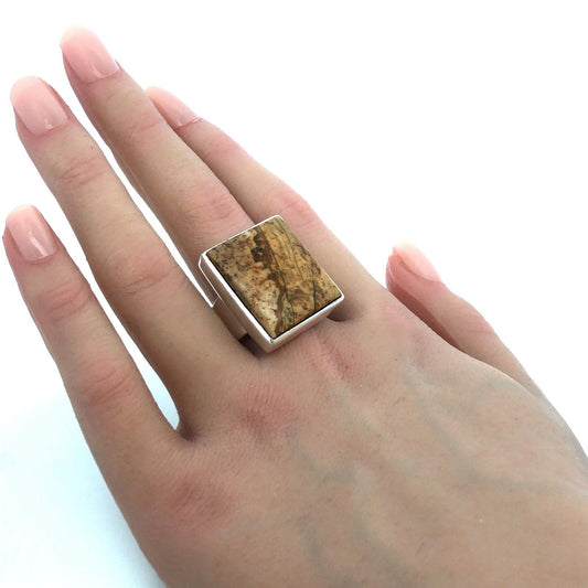 Vintage 925 Sterling Silver Rectangle Brown Jasper Bezel Statement Ring