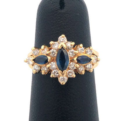 14K Yellow Gold Sapphire Diamond Halo Cluster Anniversary Bridal Cocktail Ring