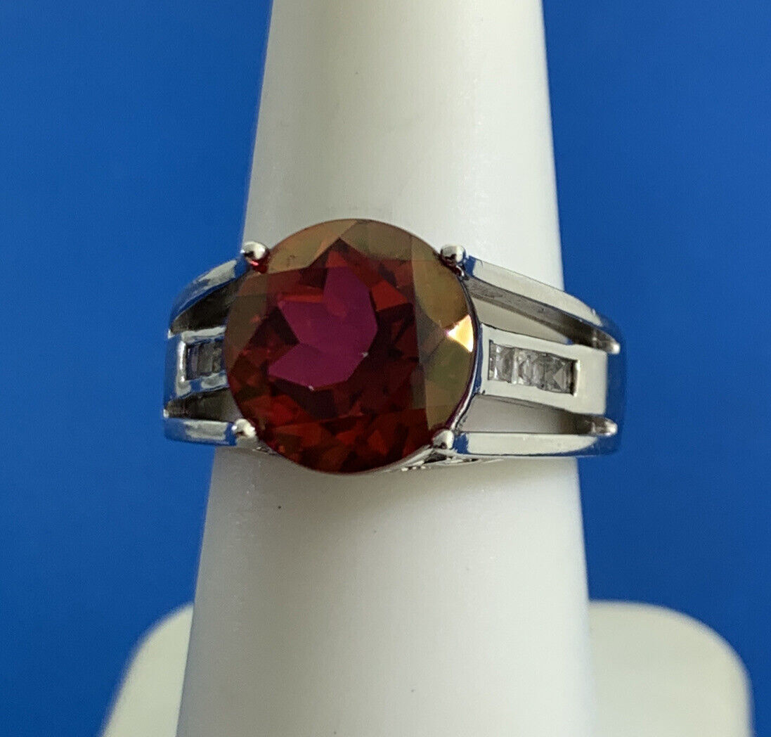 Designer BBJ 925 Sterling Silver Ruby Solitaire White Topaz Accent Cocktail Ring