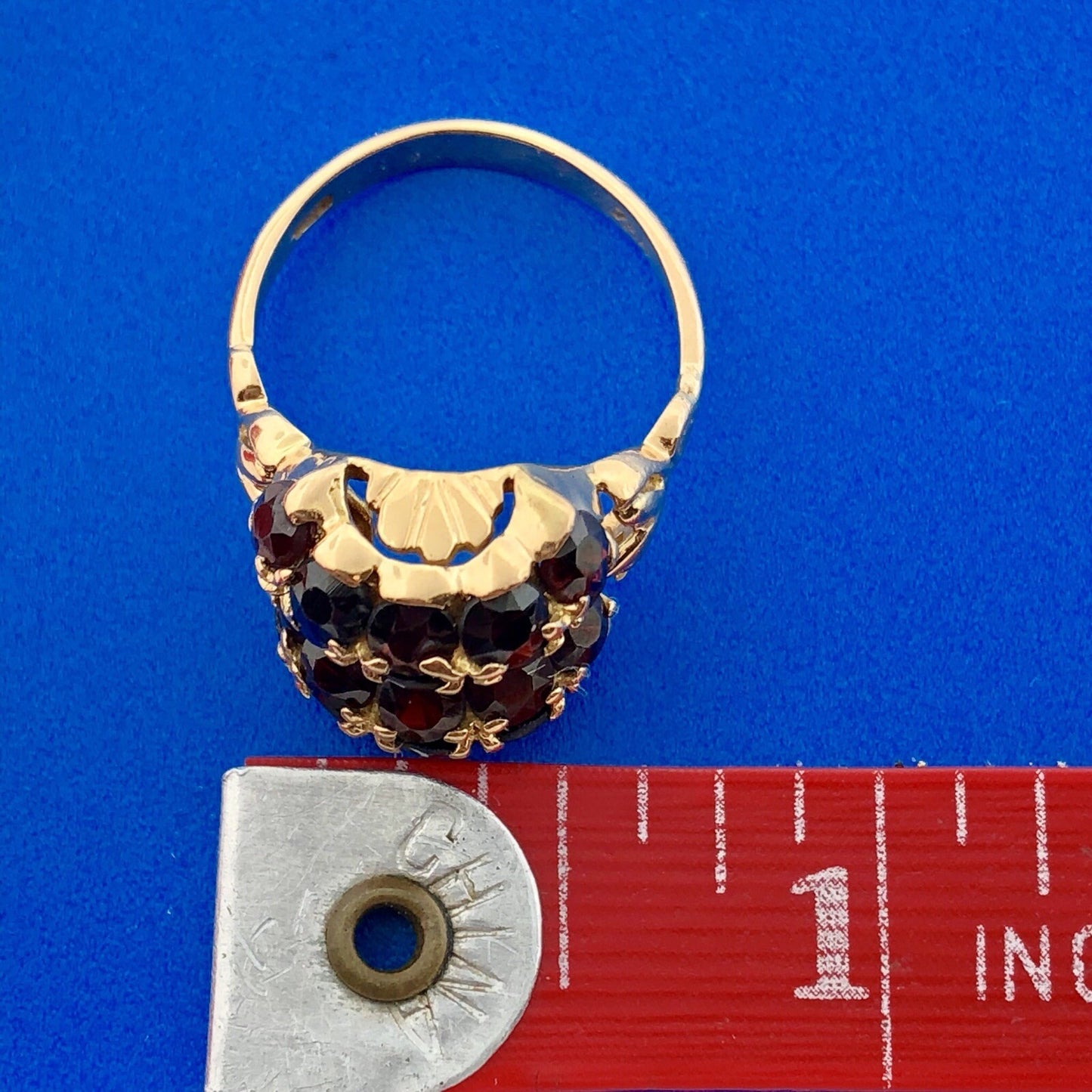 Art Deco 18K Yellow Gold Garnet Dome Statement January Birthstone Cocktail Ring