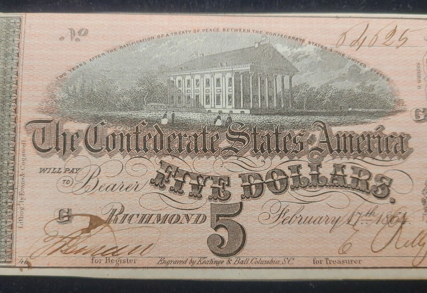1864 $5 Richmond, VA Confederate States of America Rare Obsolete Bank Note
