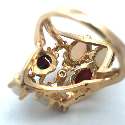 Vintage 14K Yellow Gold Diamond Garnet Opal Free Form Statement Cocktail Ring