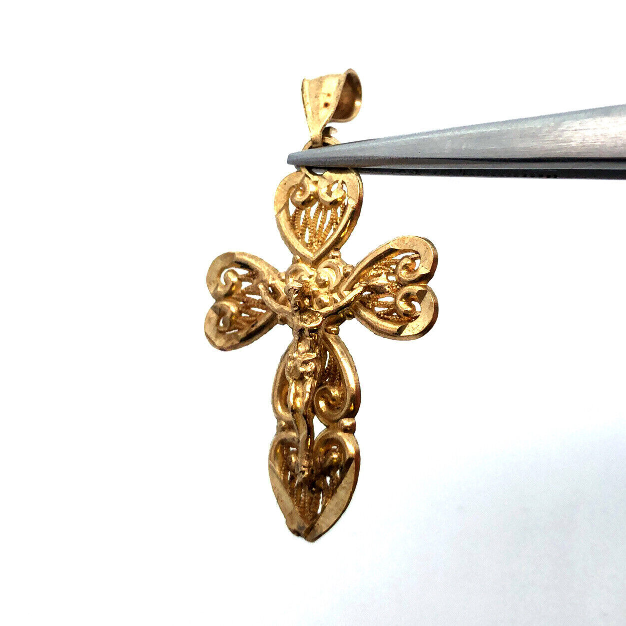 10K Yellow Gold Filigree Cross Crucifix Catholic Gift Religious Pendant