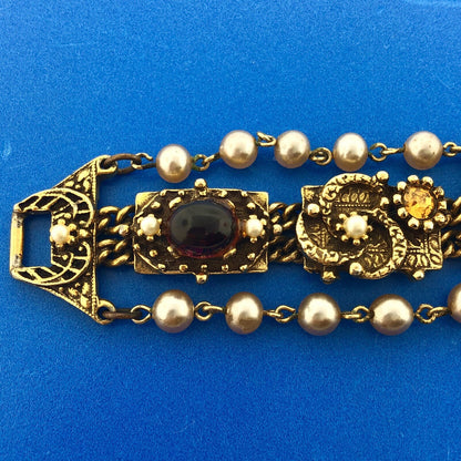 Vintage Gold Tone Faux Gem Pearl Cabochon Rhinestone Statement Panel Bracelet