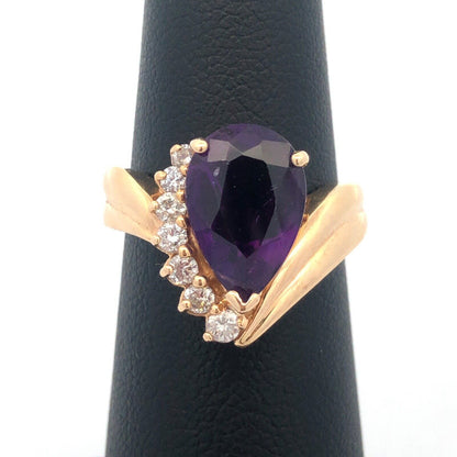Gorgeous Modern 14k Yellow Gold Pear Cut Amethyst Diamond Accent Ring Size 5.75