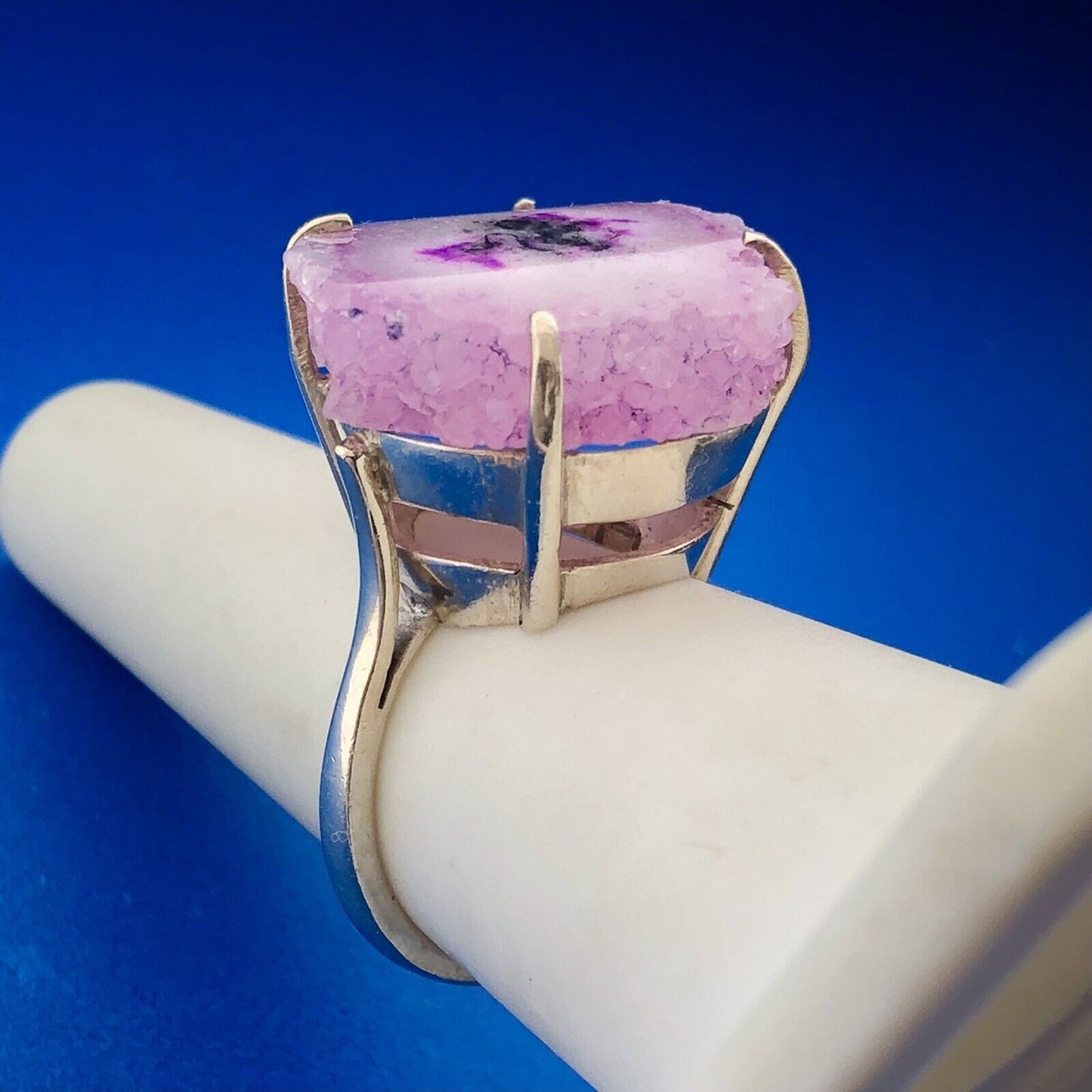 Retro 925 Sterling Silver Purple Fuschia Pink White Druzy Quartz Statement Ring