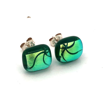 Vintage 925 Sterling Silver Rectangle Green Resin Star Foil Stud Earrings