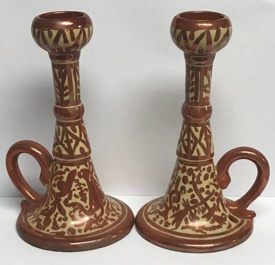 Spain Signed VC Pair Copper Metallic Glazed Hand Painted Handled Candle Holders