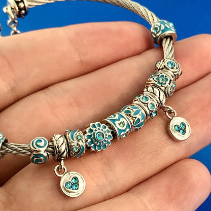 Aqua CZ Enamel Twisted Wire 10 Charm My Granddaughter My Love Charm Bracelet