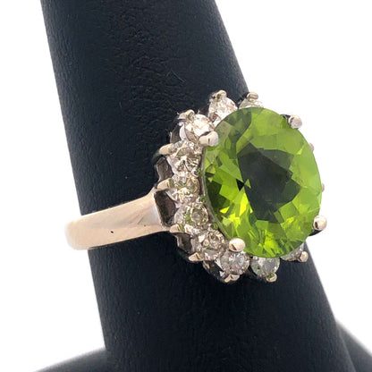 LeVian 14K White Gold Oval Cushion Green Apple Peridot Diamond Cocktail Ring