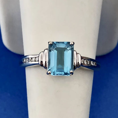 14K White Gold Rectangular Blue Topaz Diamond December Anniversary Cocktail Ring