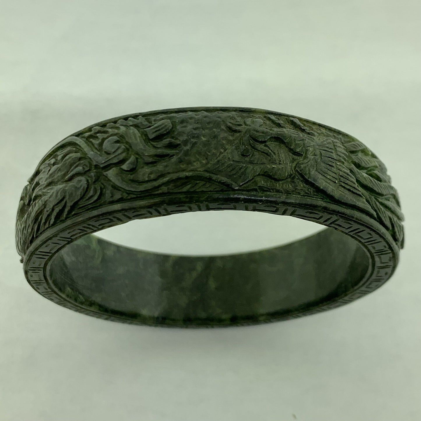 Vintage Carved Burmese Jade Dueling Dragon Fire Bird Statement Bracelet