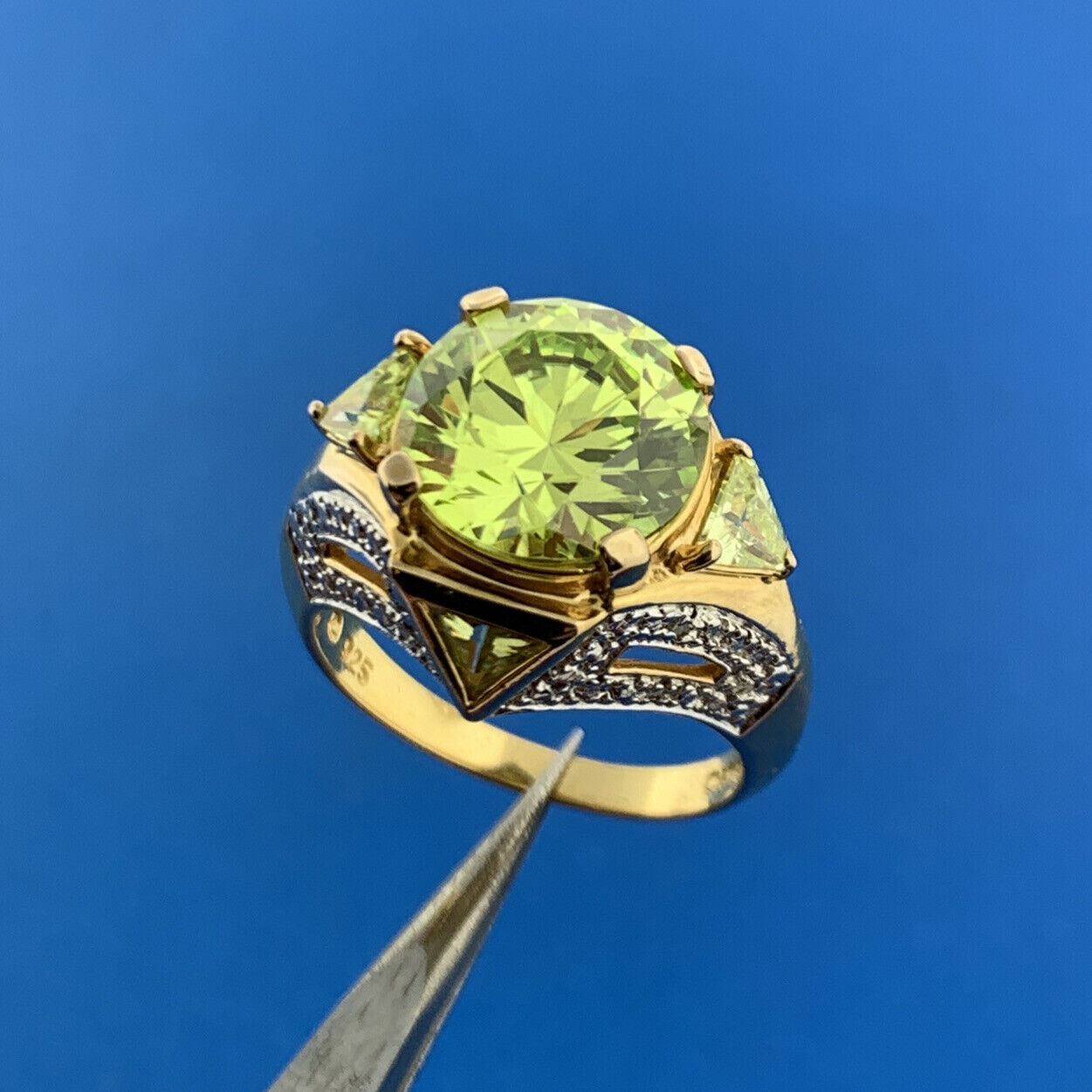 Designer 925 Sterling Silver Vermeil Chartreuse Cubic Zirconia Statement Ring